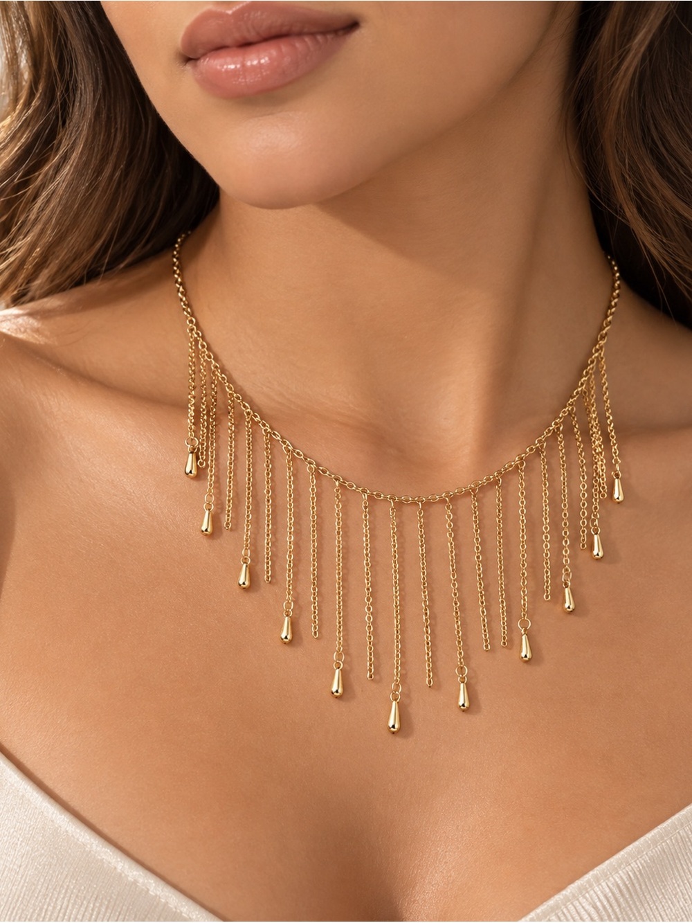 Gold Fringe Tassel Statement Necklace – Elegant Layered Chain Choker